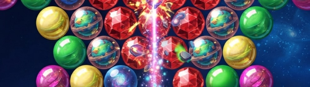 Bubble Pop: a wall of glossy galaxy marbles and red gems above a glowing shooter.