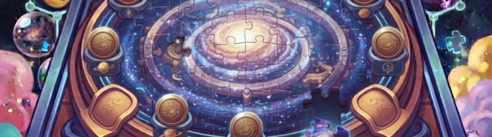 Cosmic Jigsaw: a galaxy assembled from puzzle pieces on a brass and timber board.