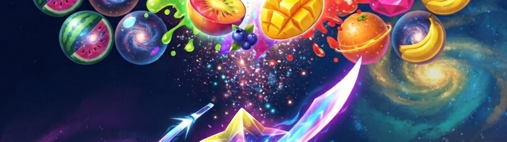 Fruit Slice: a glowing blade cutting through fruit and gems scattered across a starfield.